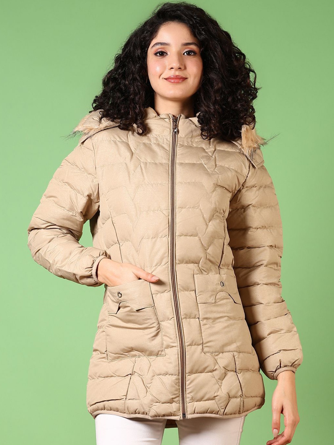 

V-Mart Women Hooded Solid Cotton Casual Parka Jacket, Beige