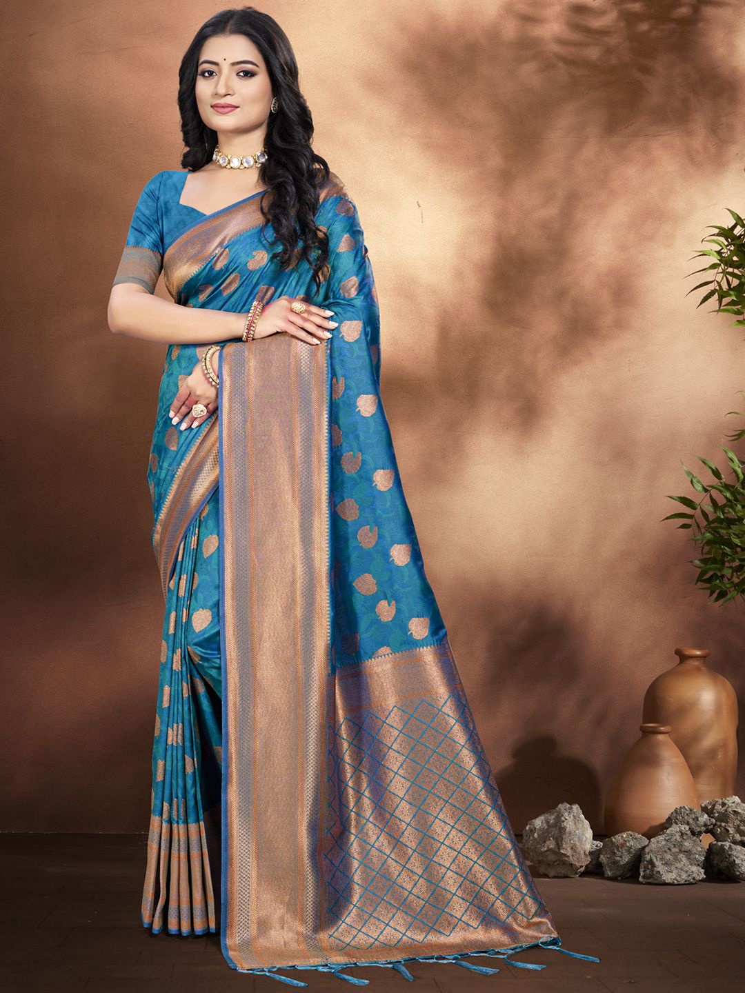 

SANGAM PRINTS Woven Design Ethnic Motifs Zari Tussar Saree, Turquoise blue