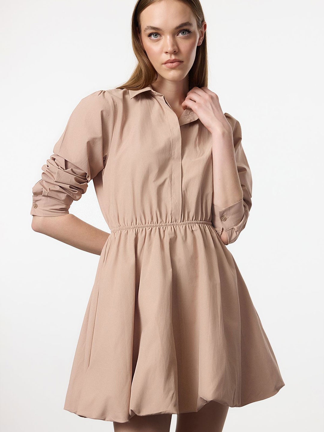 

Trendyol Women Shirt Collar Fit - Flare Dress, Camel brown