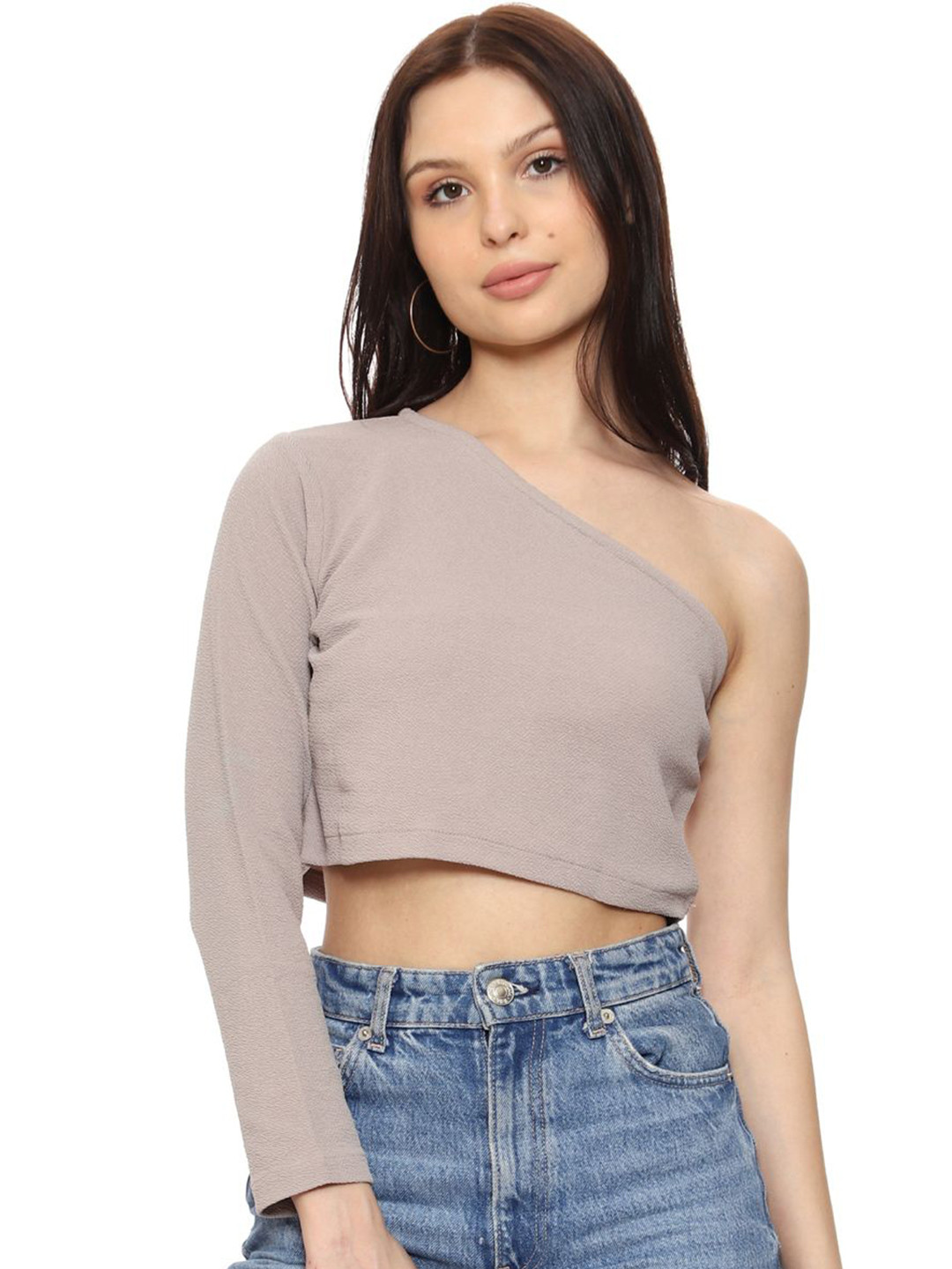

SXV STYLE One Shoulder Georgette Crop Top, Beige