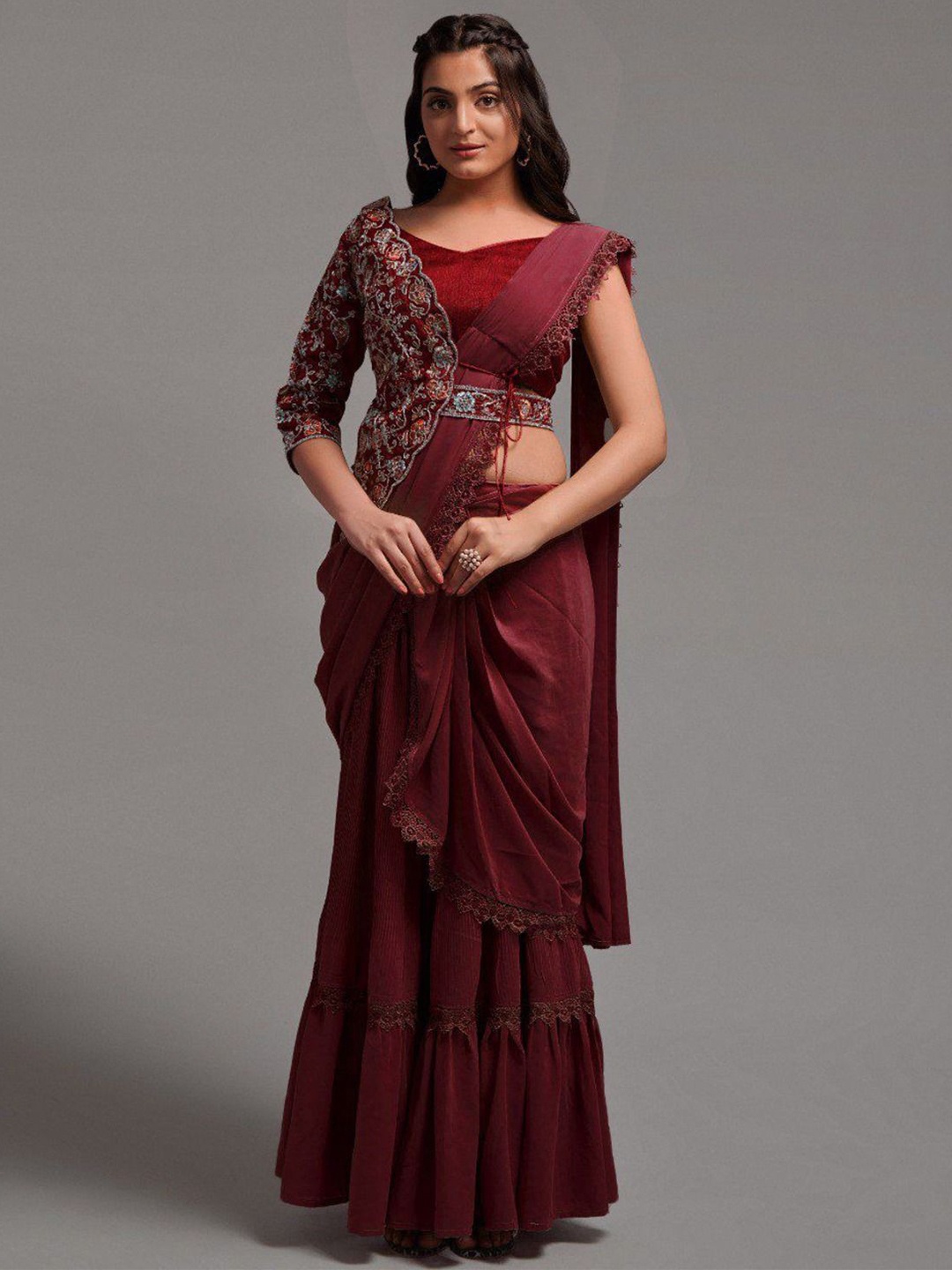 

Anouk Chikankari Poly Georgette Ready to Wear Saree, Maroon