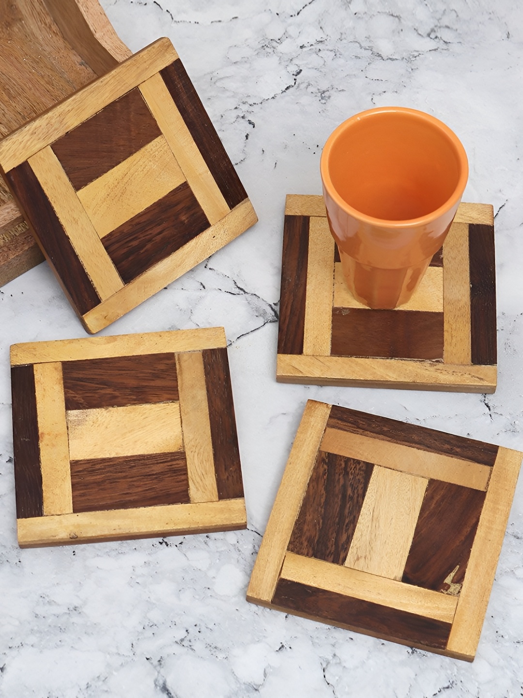 

Indianshelf Brown & Beige 4 Pieces Striped Square Wooden Coasters