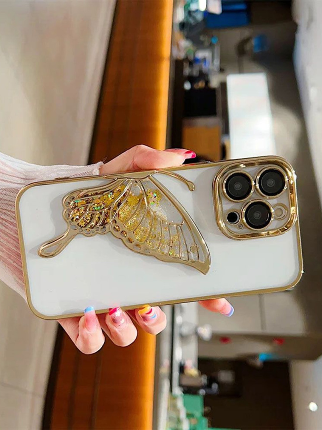 

Luxury Kase Quirky LK100 Plating Dream Butterfly Clear iPhone 14 Pro Max Back Case, Gold