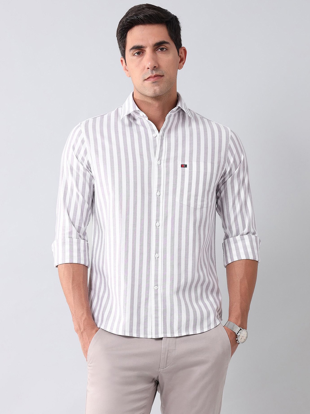 

AD By Arvind Men Slim Fit Spread Collar Vertical Striped Cotton Casual Shirt, Grey