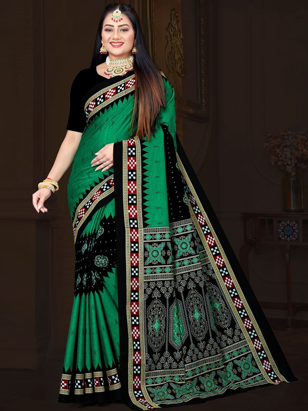 

pasapalli Ethnic Motifs Pure Cotton Sambalpuri Saree, Green