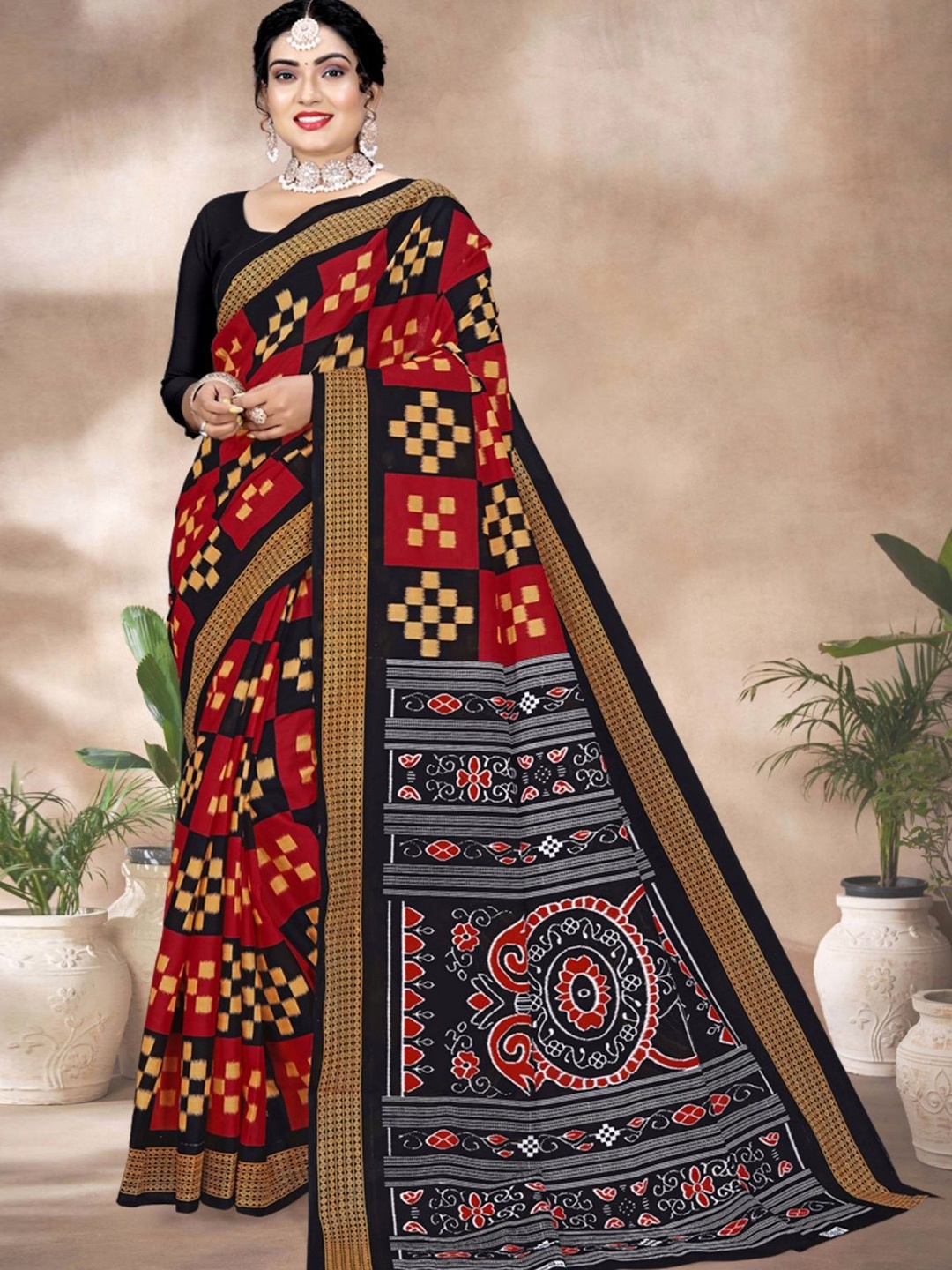 

pasapalli Pure Cotton Sambalpuri Saree, Red