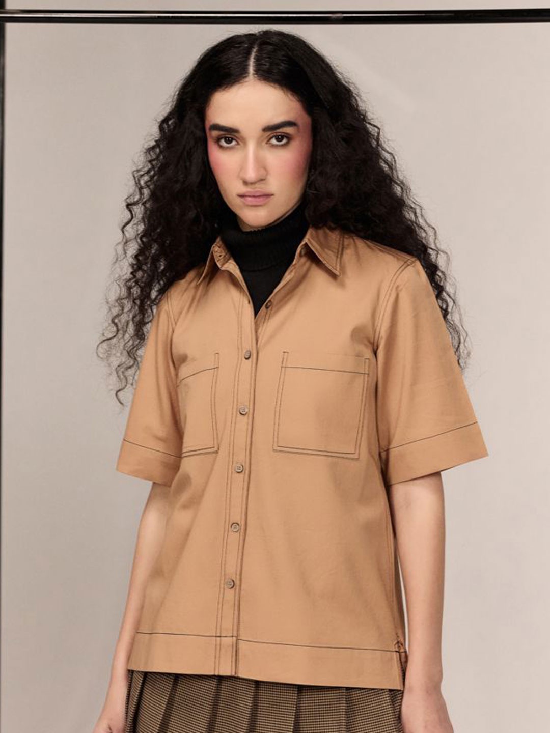 

Midsummer Women Spread Collar Solid Cotton Casual Shirt, Camel brown