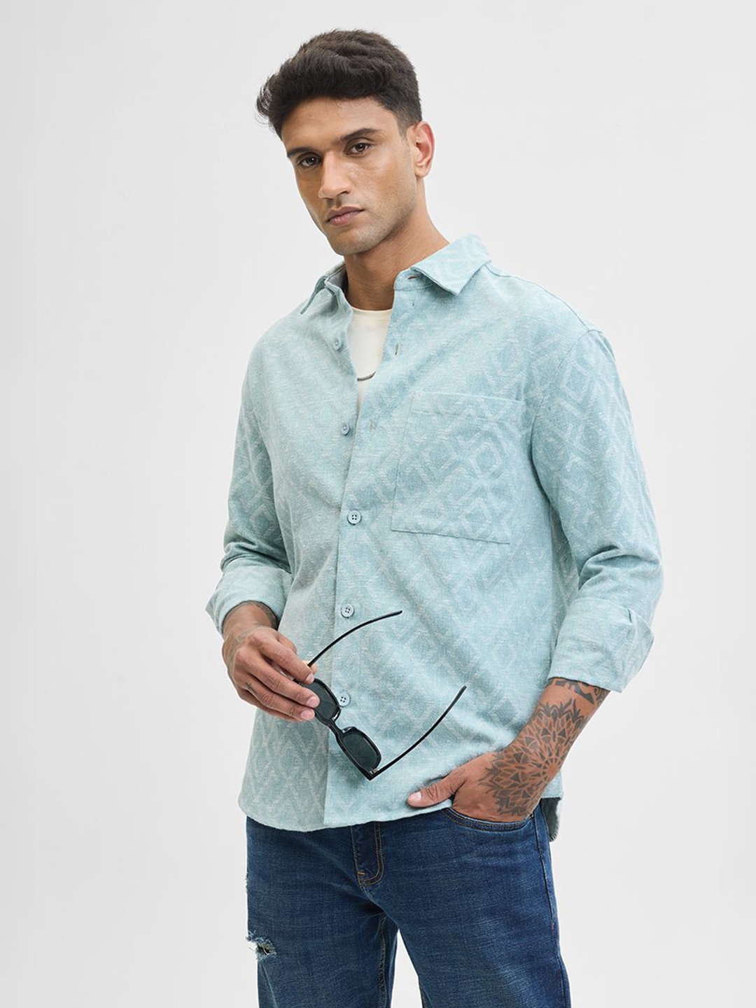 

Snitch Men Slim Fit Spread Collar Textured Casual Shirt, Blue