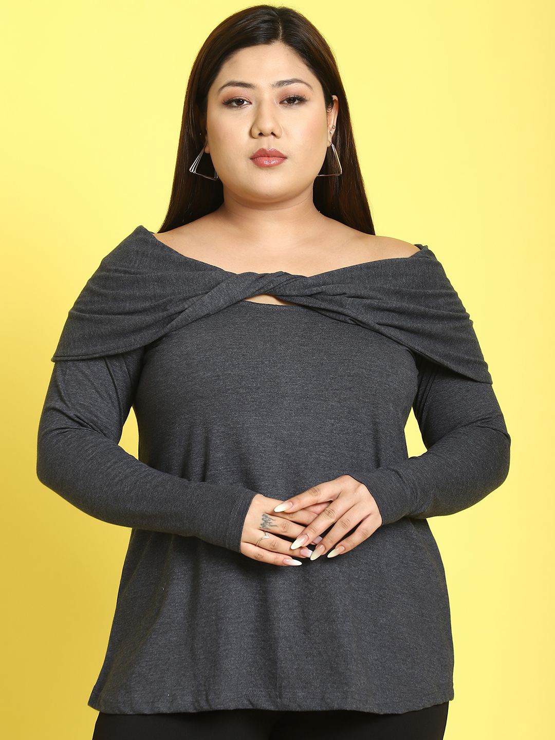 

theRebelinme Women Plus Size Off-Shoulder Pure Cotton Top, Charcoal