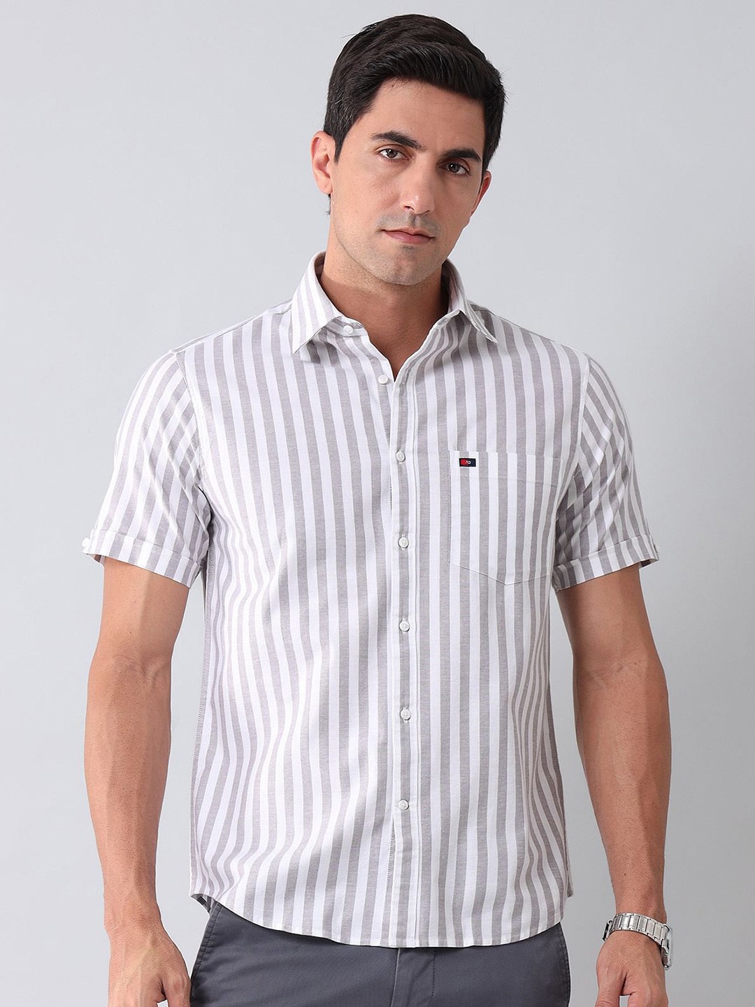 

AD By Arvind Men Slim Fit Spread Collar Vertical Striped Cotton Casual Shirt, Grey