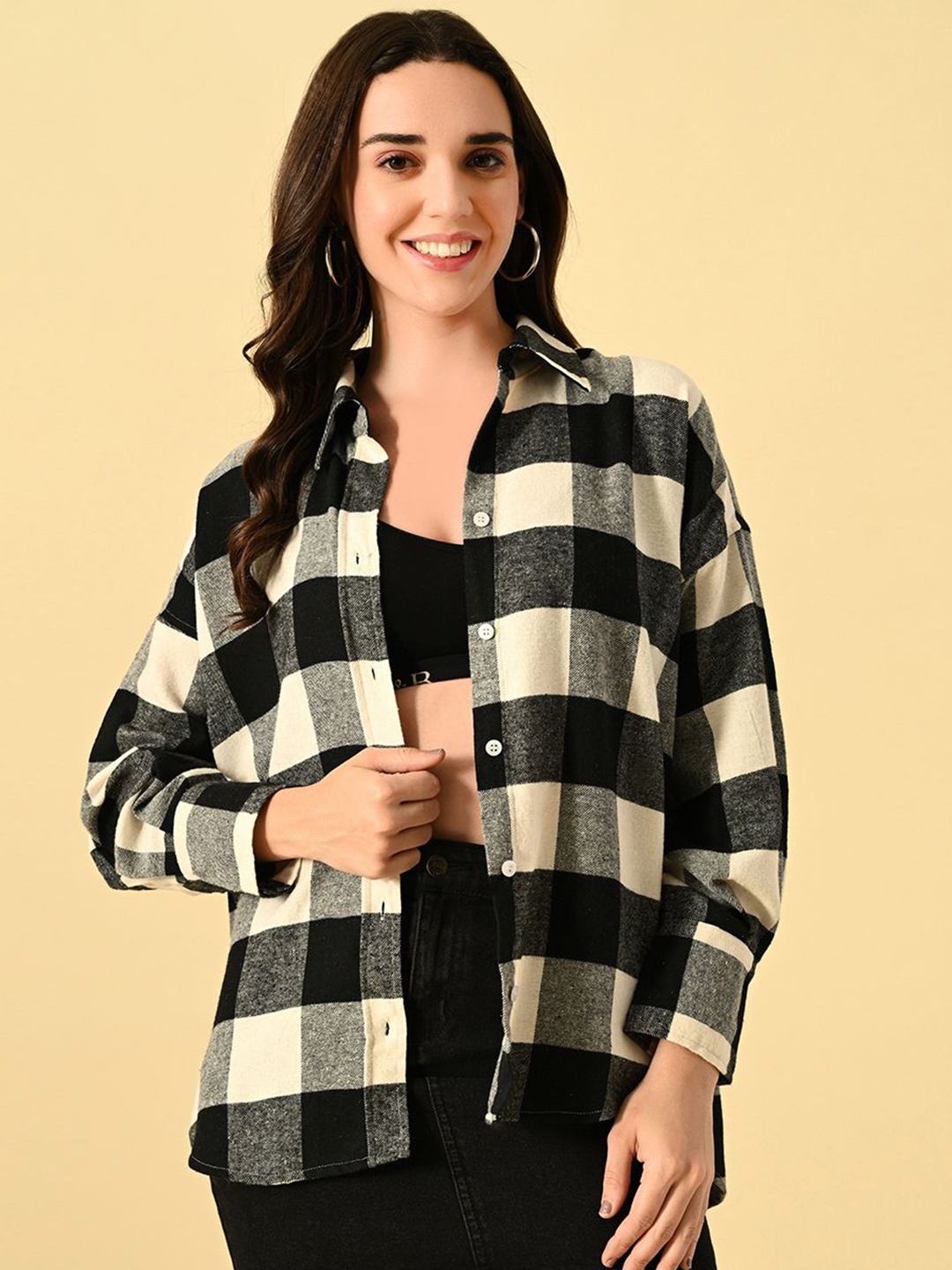 

PRETTY LOVING THING Women Oversized Fit Spread Collar Buffalo Checked Cotton Casual Shirt, Black