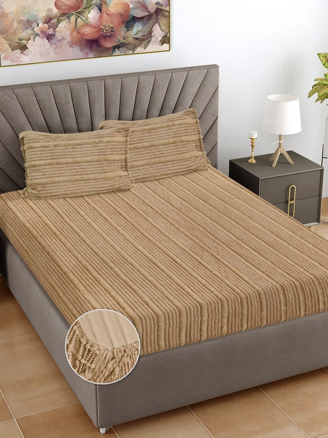 

FABINALIV Beige Striped 300 TC Woollen King Bedsheet Set 2.5m x2.25 m