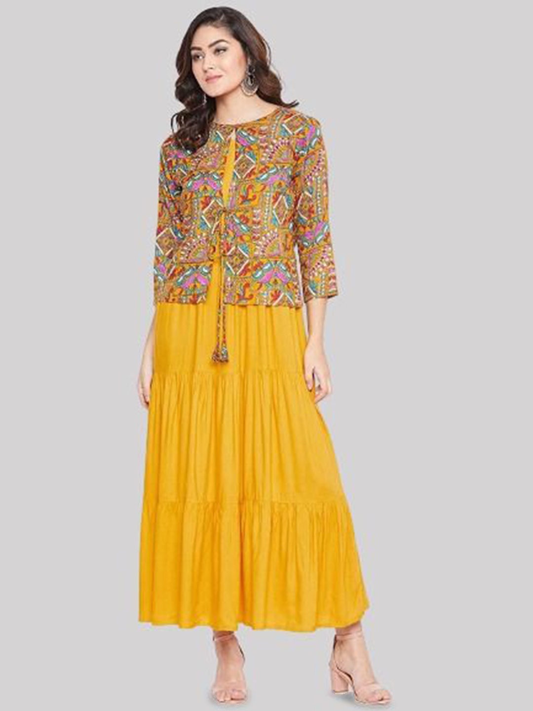 

FNOCKS Ethnic Motifs Printed Cotton Sleeveless Kurta With Jacket, Yellow