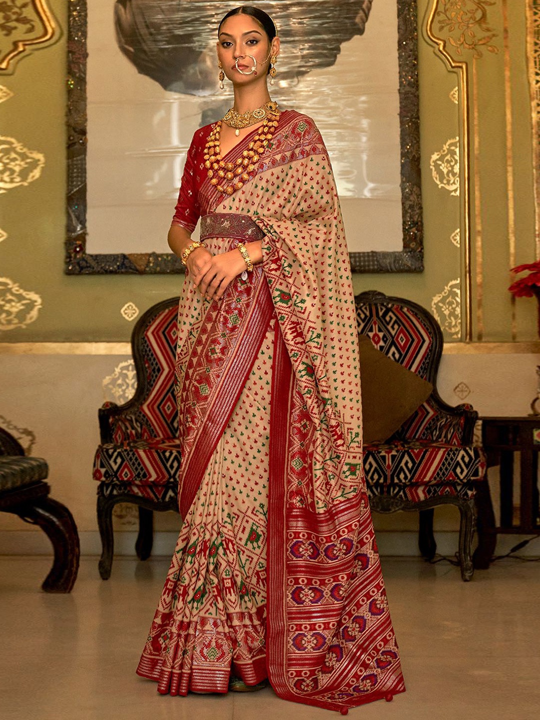 

DEVATITHI Floral Silk Blend Patola Saree, Beige