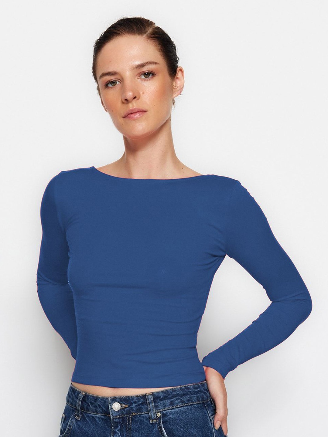 

Trendyol Women Boat Neck Crop Cotton Fitted Top, Na
