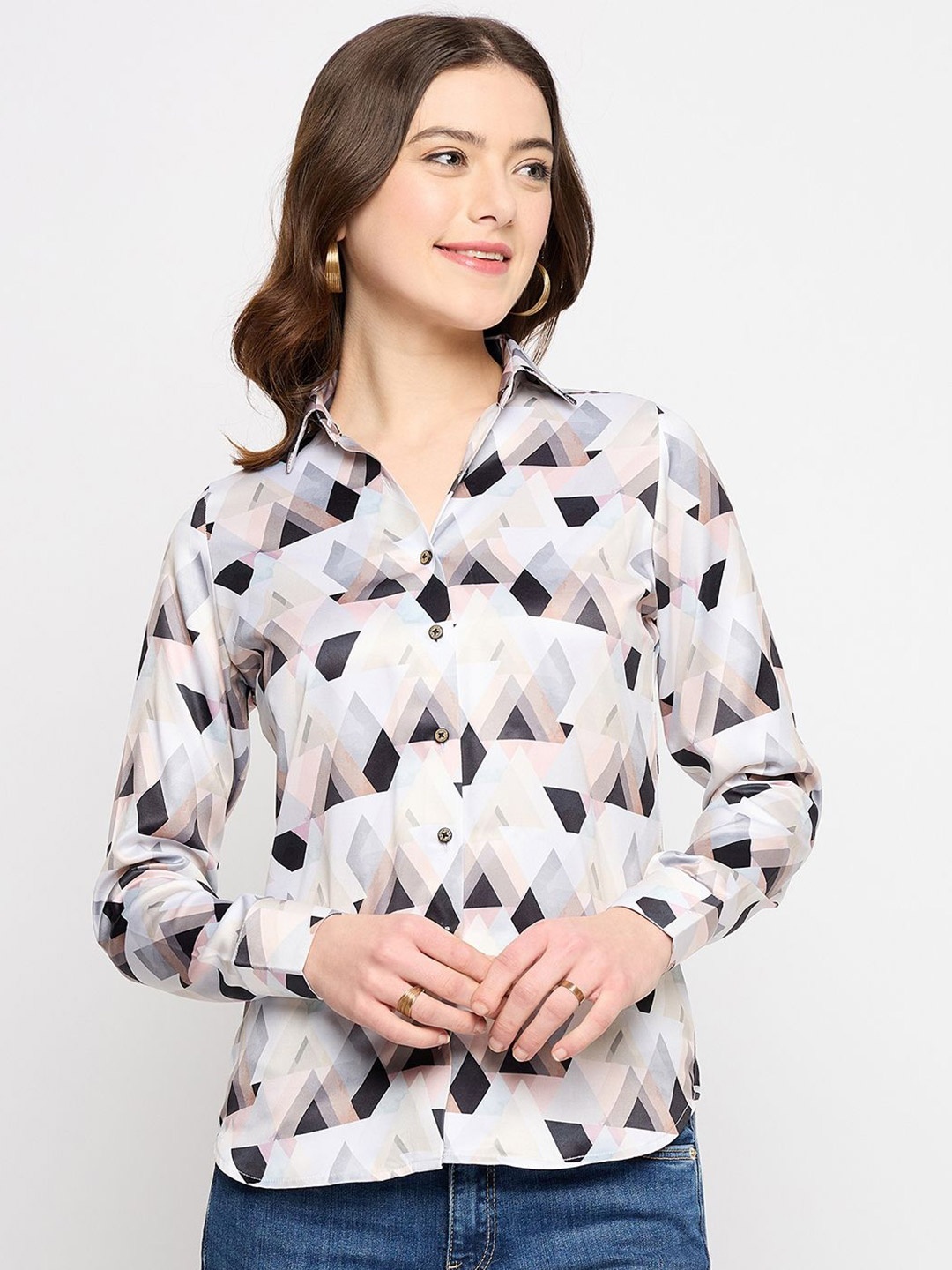 

Novio Women Comfort Fit Spread Collar Geometric Printed Satin Casual Shirt, Grey