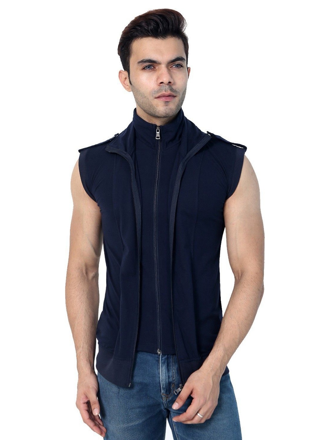 

Black Collection Solid Turtle Neck Double Zipper Sleeveless Slim Fit T-Shirt, Navy blue