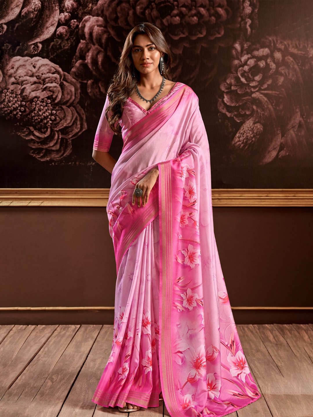 

DEVATITHI Floral Satin Saree, Pink