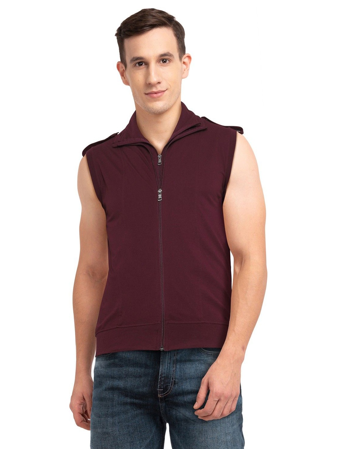 

Black Collection Turtle Neck Double Zipper Sleeveless Slim Fit T-Shirt, Maroon