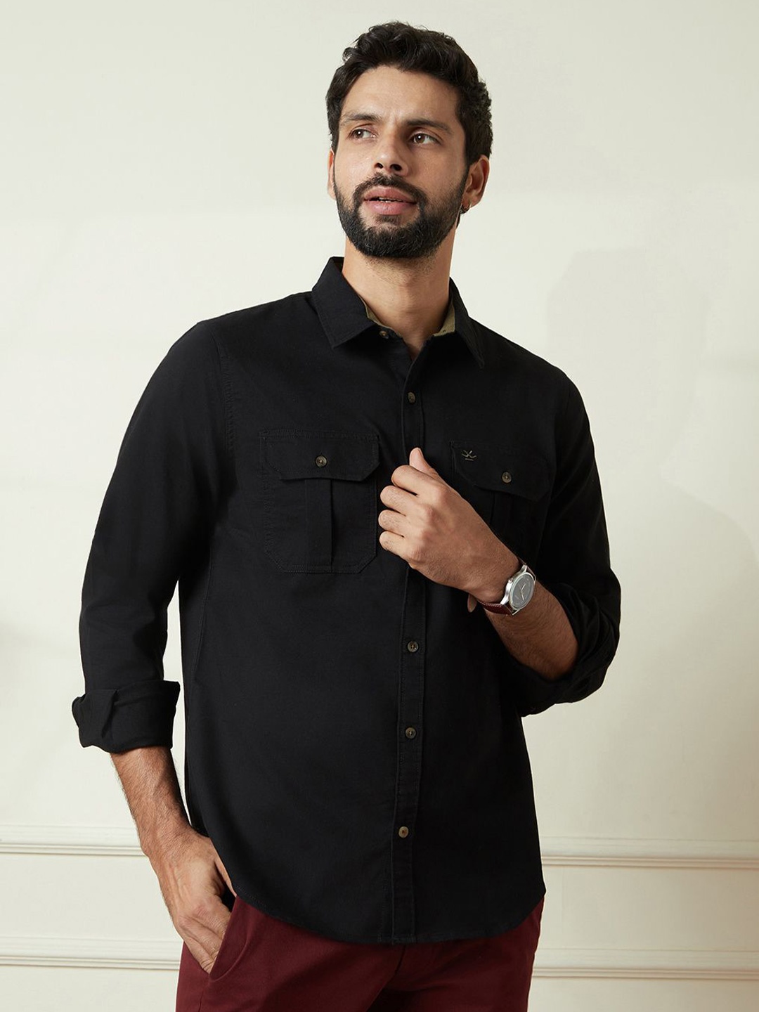 

WROGN Men Comfort Slim Fit Spread Collar Solid Cotton Casual Shirt, Black