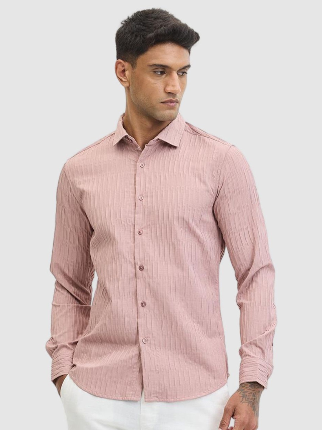 

Snitch Men Smart Fit Spread Collar Textured Casual Shirt, Peach