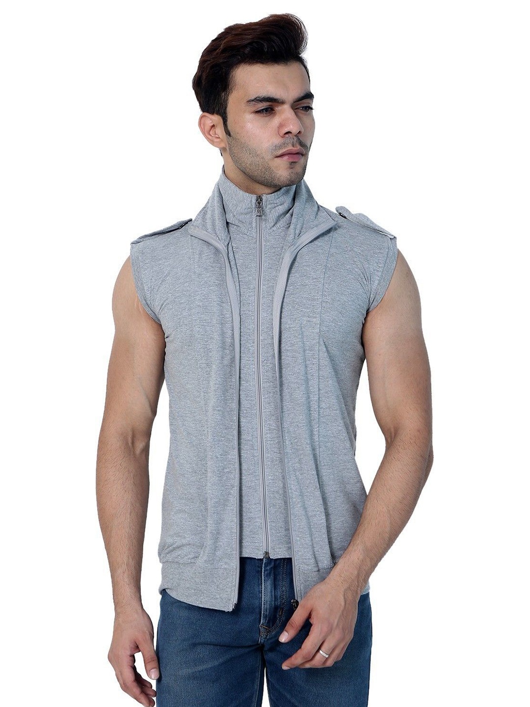 

Black Collection Solid Turtle Neck Double Zipper Sleeveless Slim Fit T-Shirt, Grey