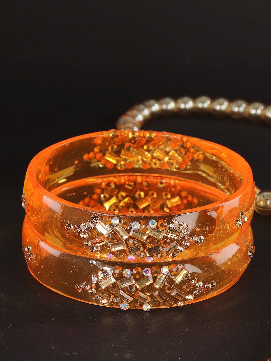 

LAVAZZA Set Of 2 Cubic Zirconia & Crystal Studded Glass Bangles, Peach