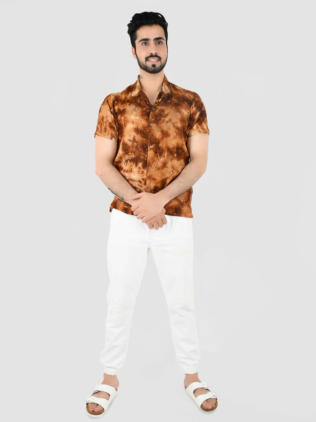 

Blissence Men Comfort Fit Cuban Collar Dyed Cotton Casual Shirt, Brown
