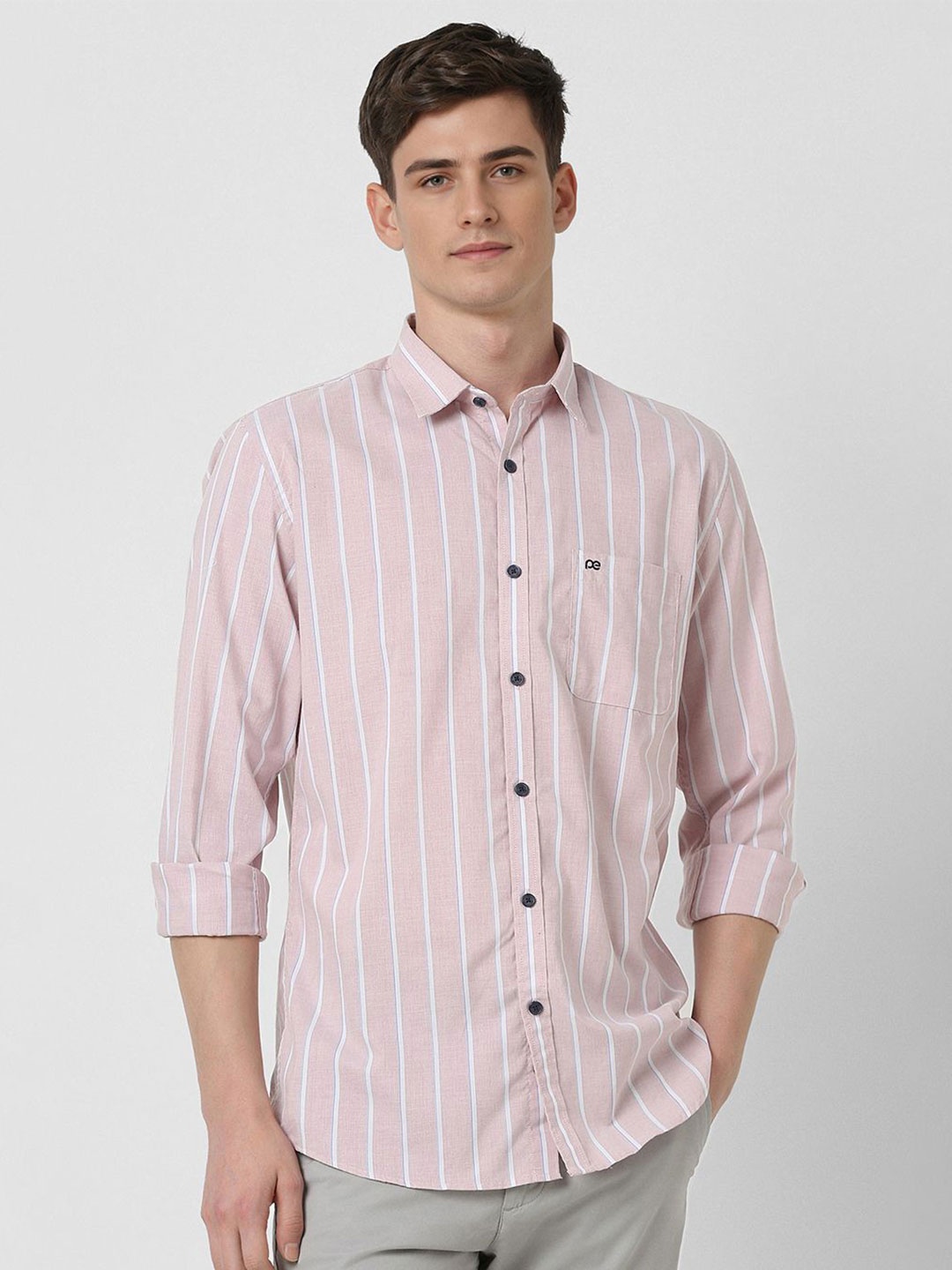 

Peter England Casuals Men Slim Fit Spread Collar Vertical Striped Cotton Shirt, Pink