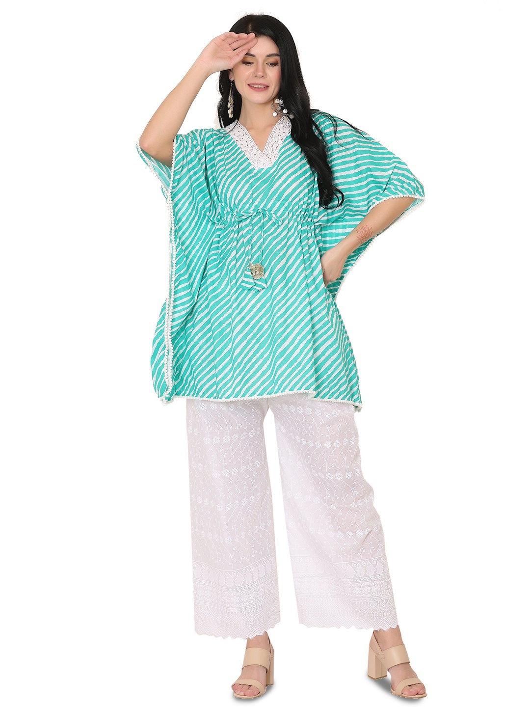 

Jivitha Women Lehriya Printed Cotton Kaftan Longline Top, Sea green