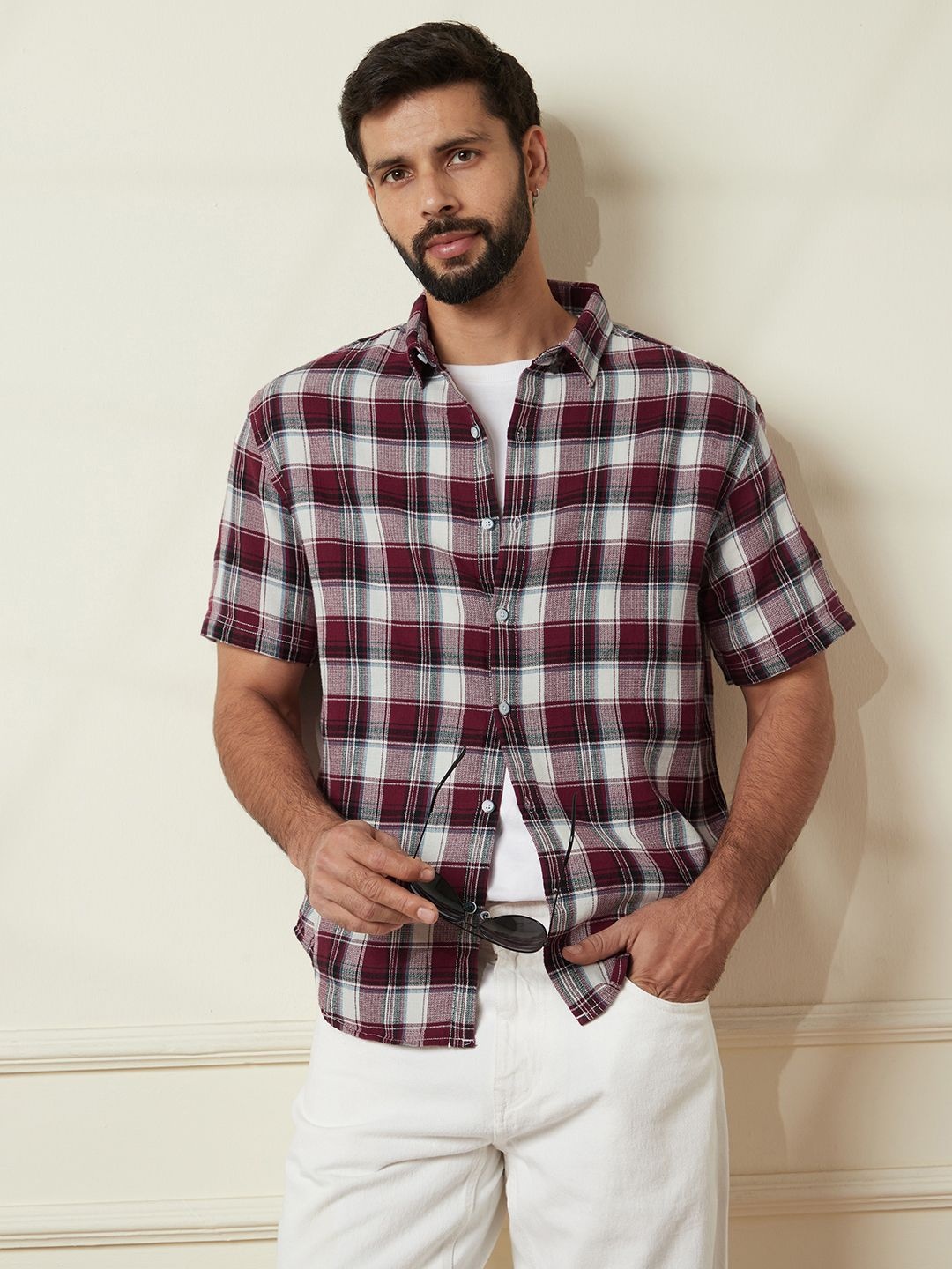 

WROGN Men Comfort Relaxed Fit Spread Collar Tartan Checked Cotton Casual Shirt, Maroon