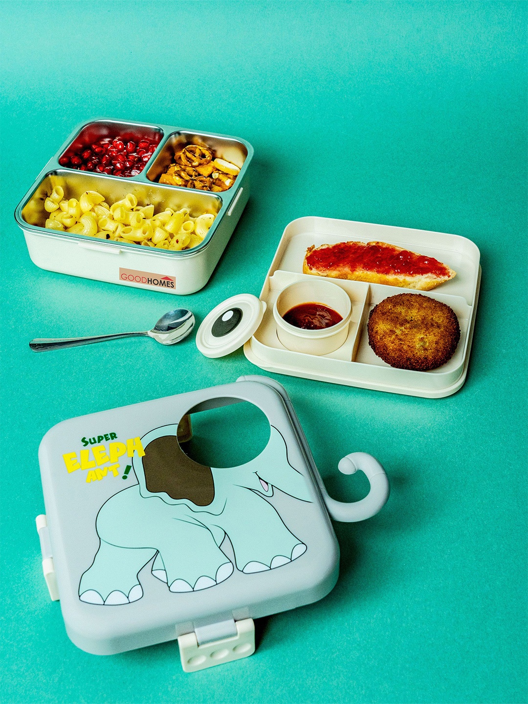 

GOODHOMES Grey and Blue Printed Melamine Lunch Box with airtight lid
