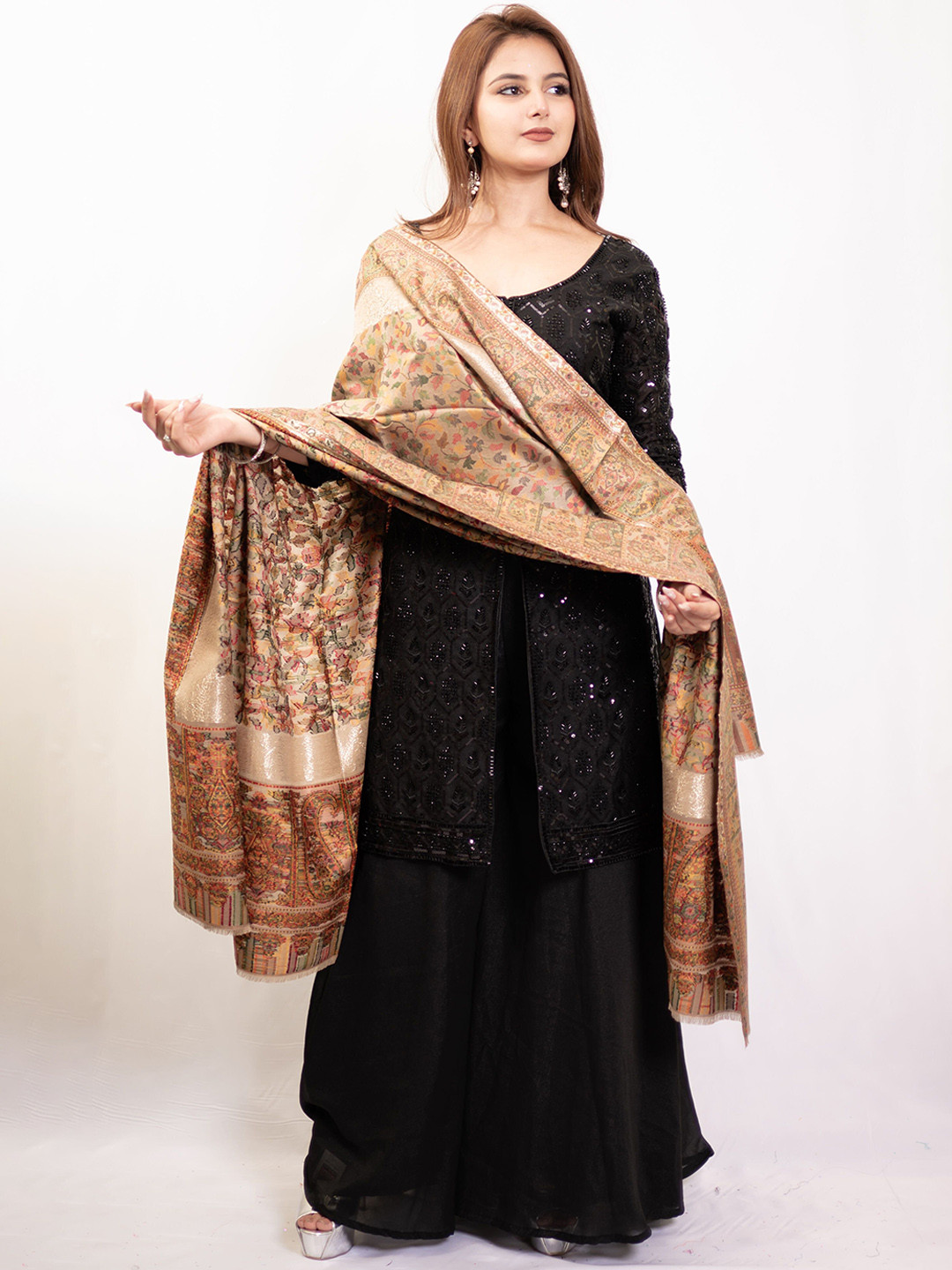 

PASHGIRI Floral Woven Design Pure Woollen Shawl, Beige