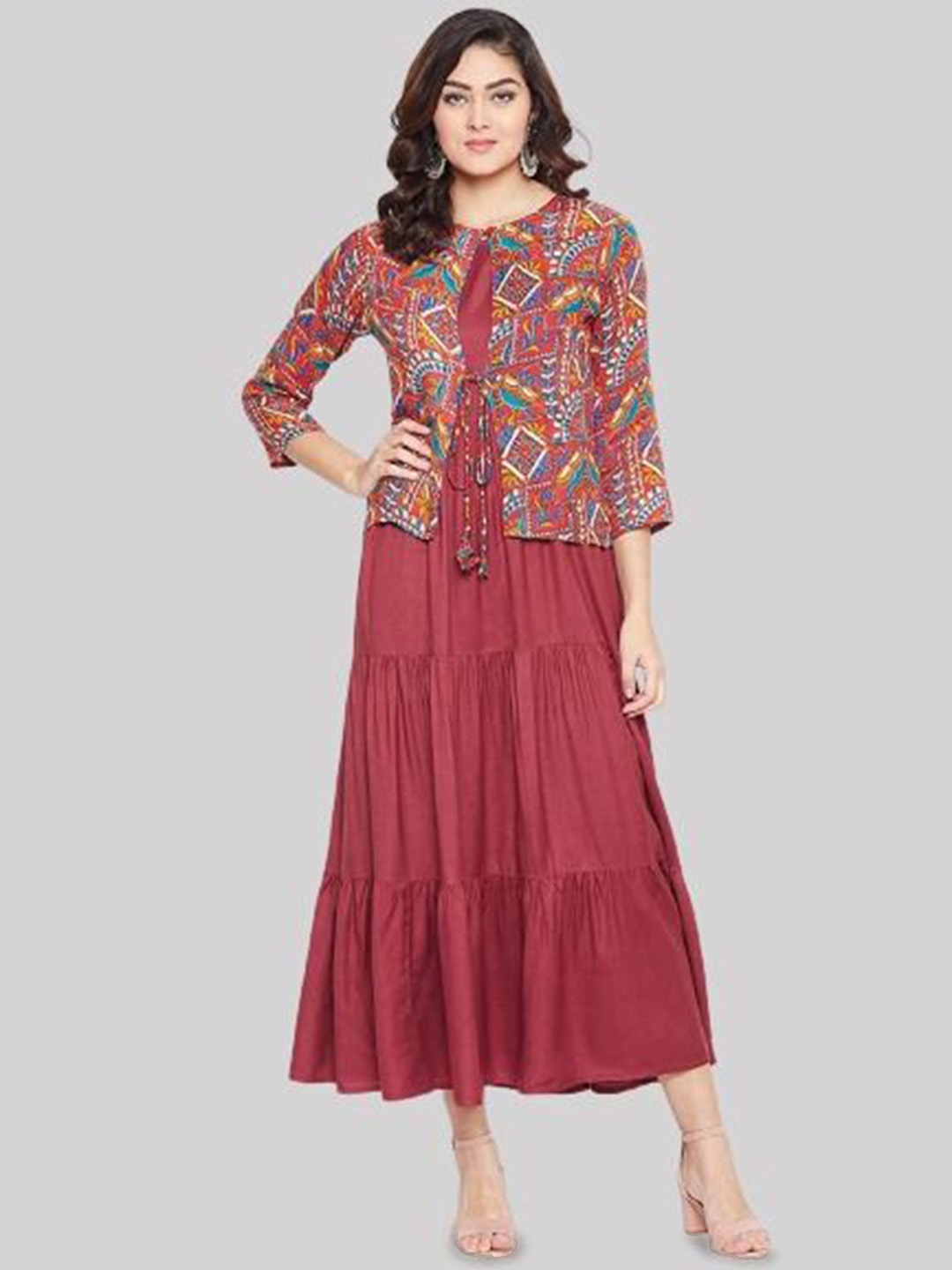 

FNOCKS Ethnic Motifs Printed Cotton Sleeveless Kurta With Jacket, Maroon