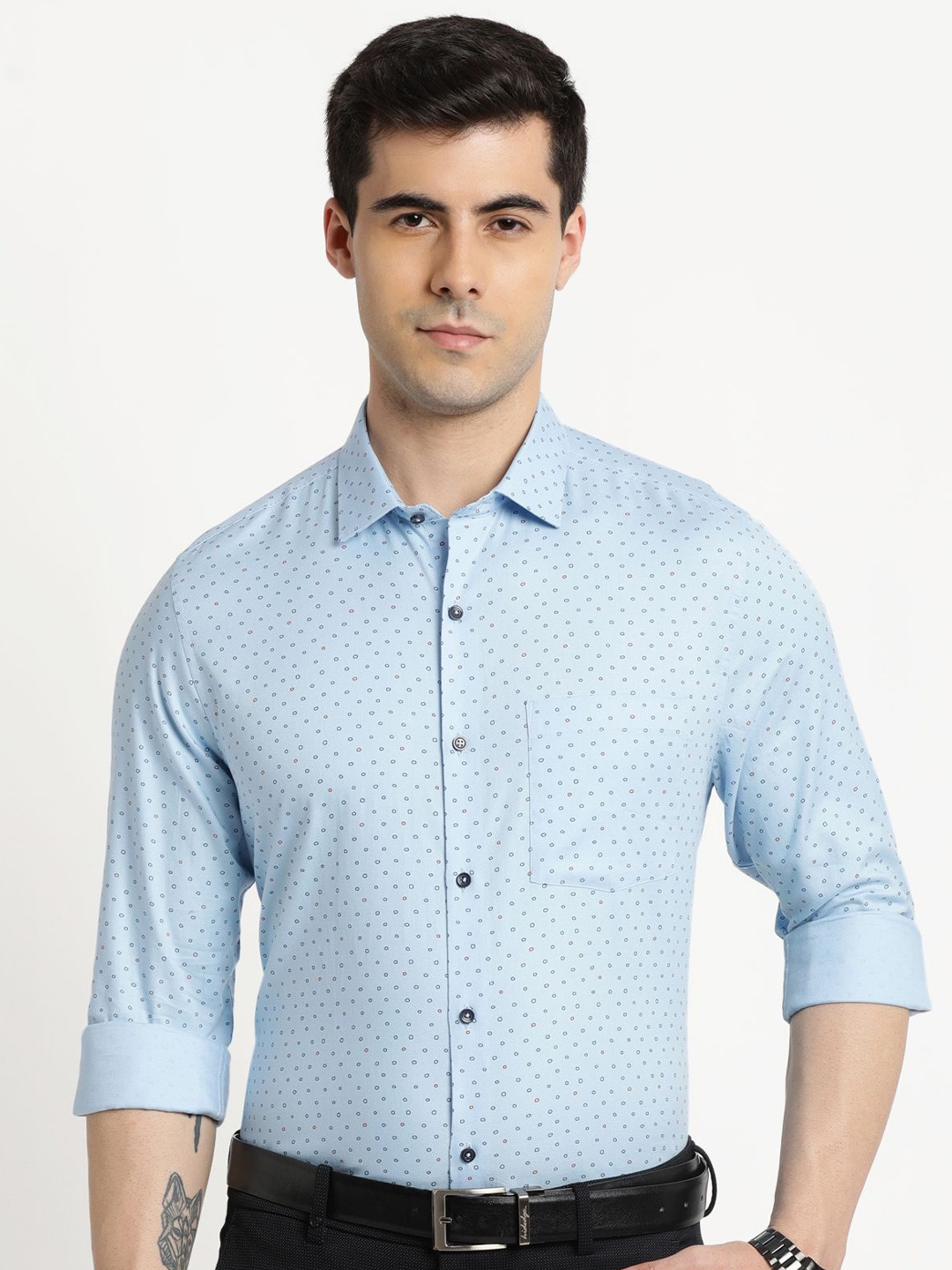 

Turtle Men Standard Slim Fit Spread Collar Micro Ditsy Printed Cotton Formal Shirt, Blue