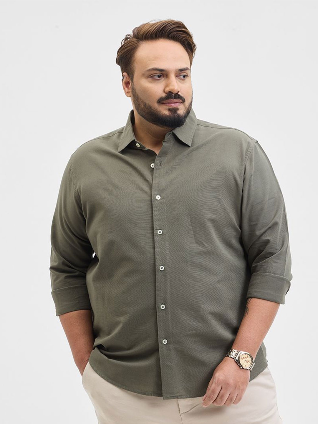 

Snitch Men Classic Fit Spread Collar Solid Cotton Casual Shirt, Olive