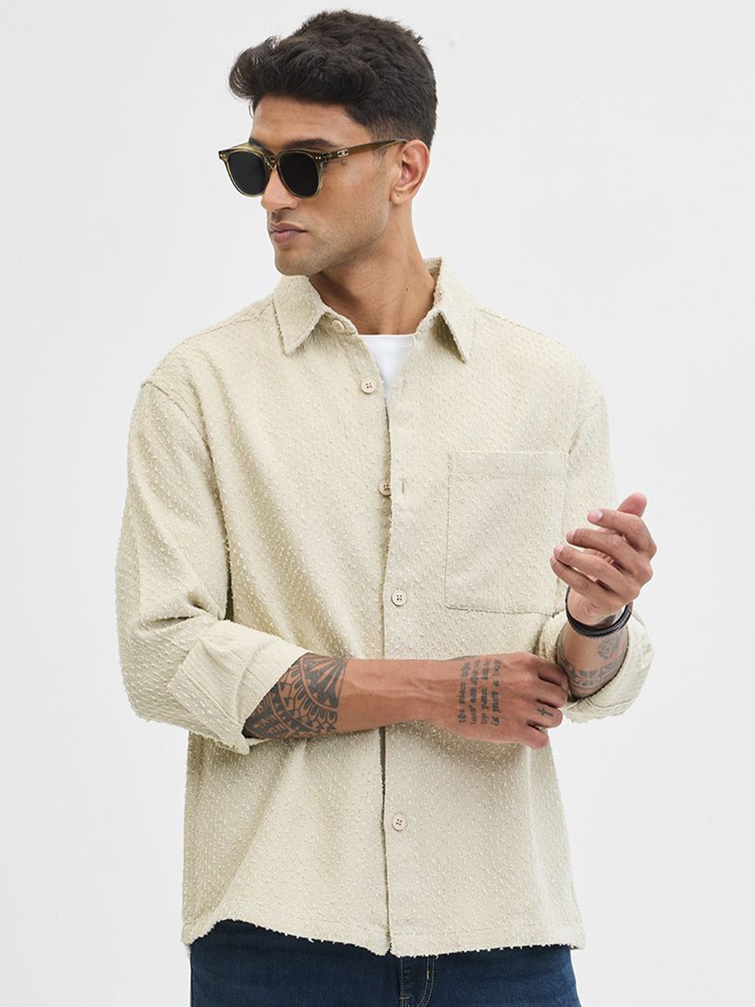 

Snitch Men Classic Slim Fit Spread Collar Textured Cotton Casual Shirt, Beige