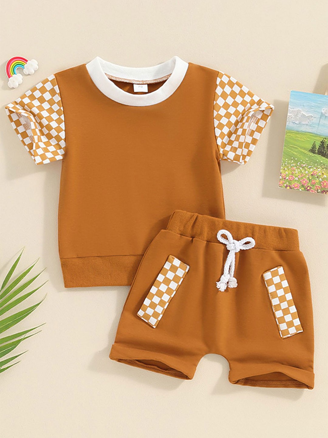 

LULU & SKY Boys Checked Pure Cotton T-Shirt With Shorts, Brown