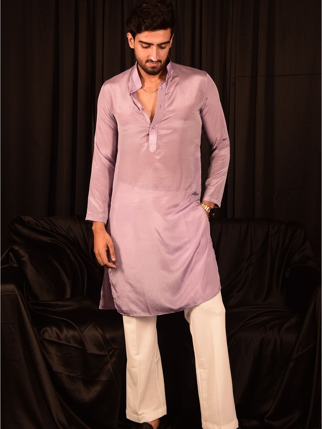 

Laalzari Men Band Collar Regular Straight Kurta with Trousers, Lavender