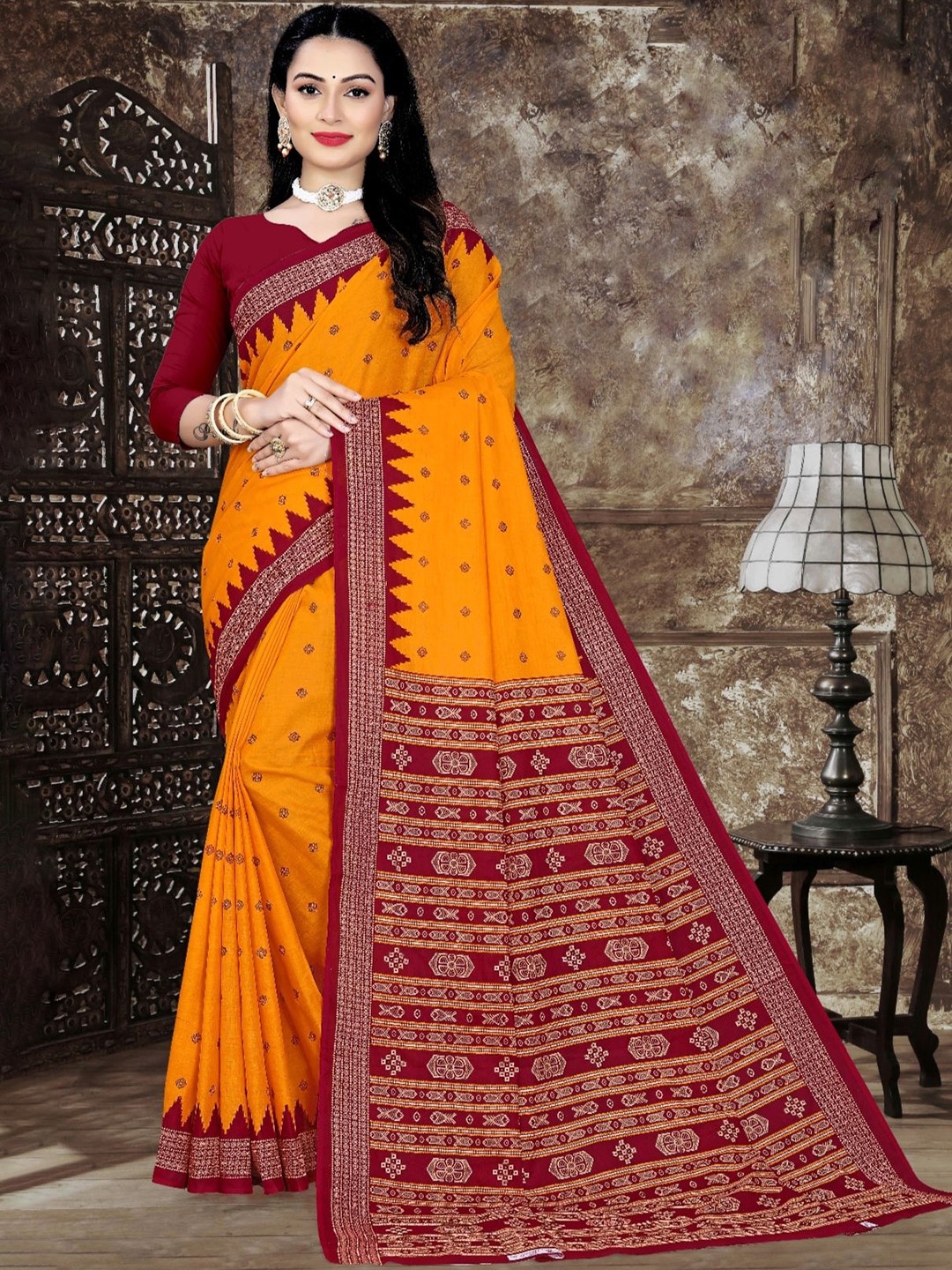

pasapalli Floral Pure Cotton Sambalpuri Saree, Orange