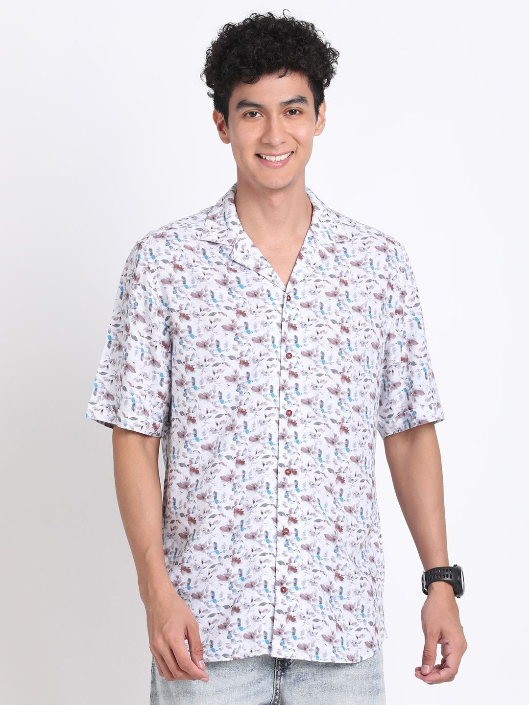 

Turtle Men Relaxed Fit Cuban Collar Floral Printed Cotton Casual Shirt, Off white