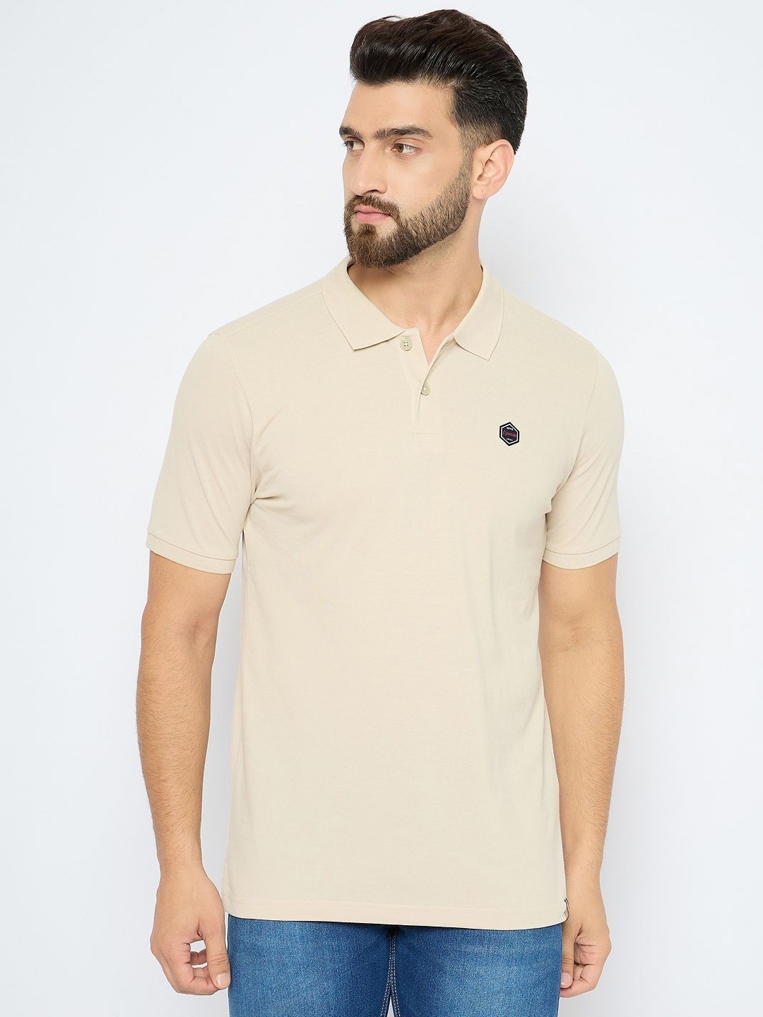 

AXMANN Men Solid Polo Collar Cotton T-shirt, Beige