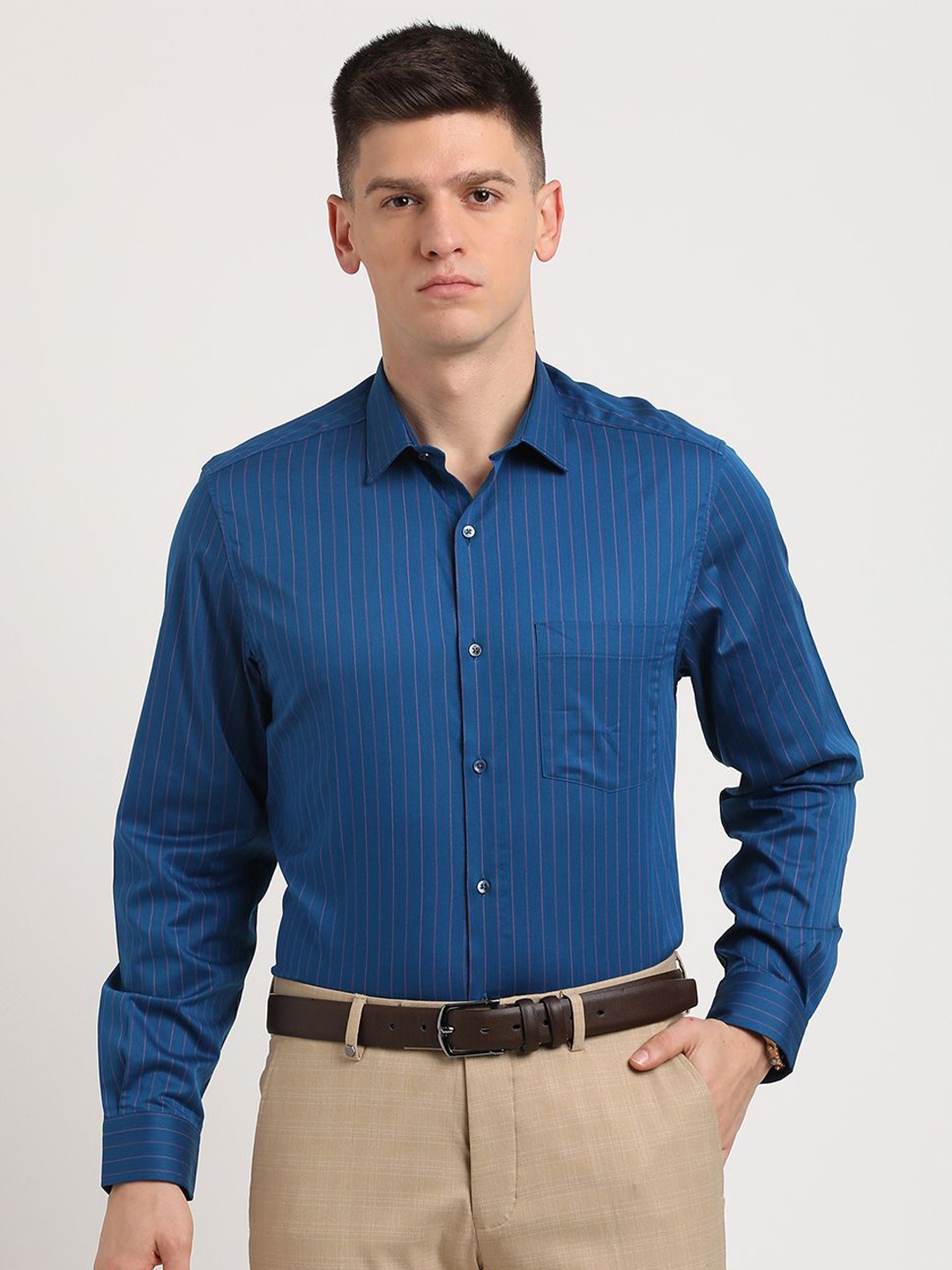 

Turtle Men Standard Slim Fit Spread Collar Vertical Striped Cotton Formal Shirt, Blue