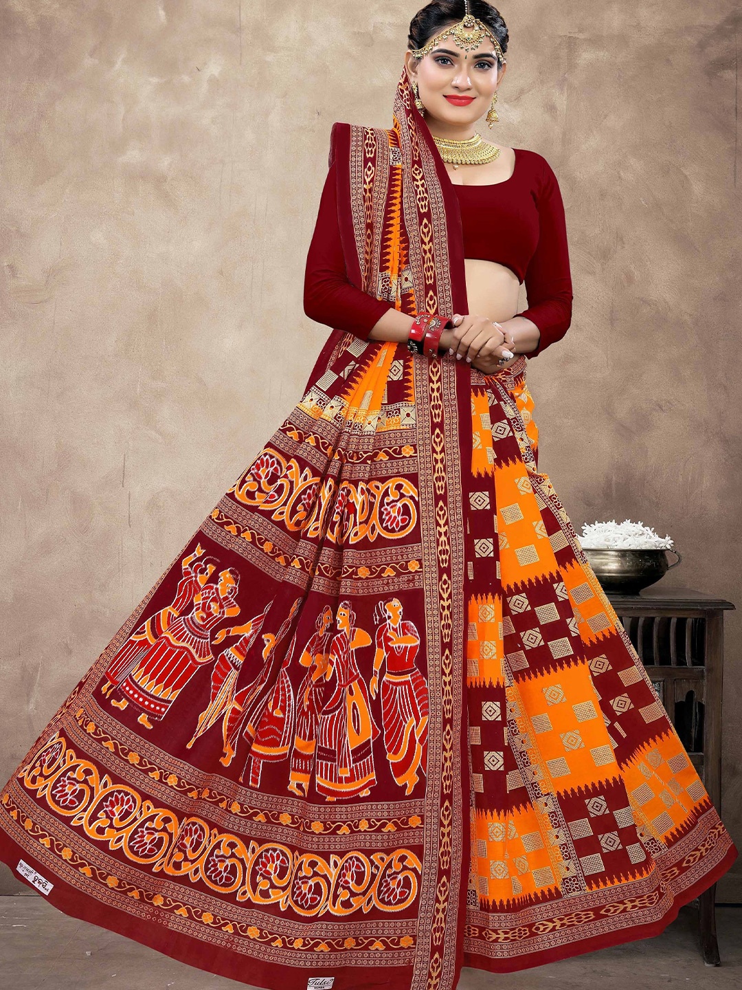 

pasapalli Ethnic Motifs Pure Cotton Sambalpuri Saree, Orange