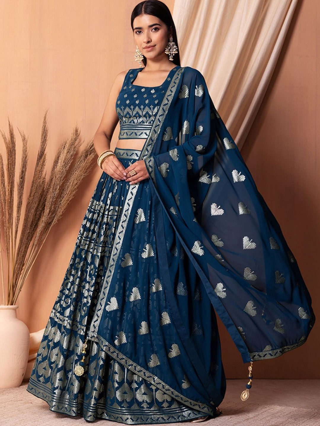 

ODETTE Embellished Sequinned Semi-Stitched Lehenga & Unstitched Blouse With Dupatta, Blue