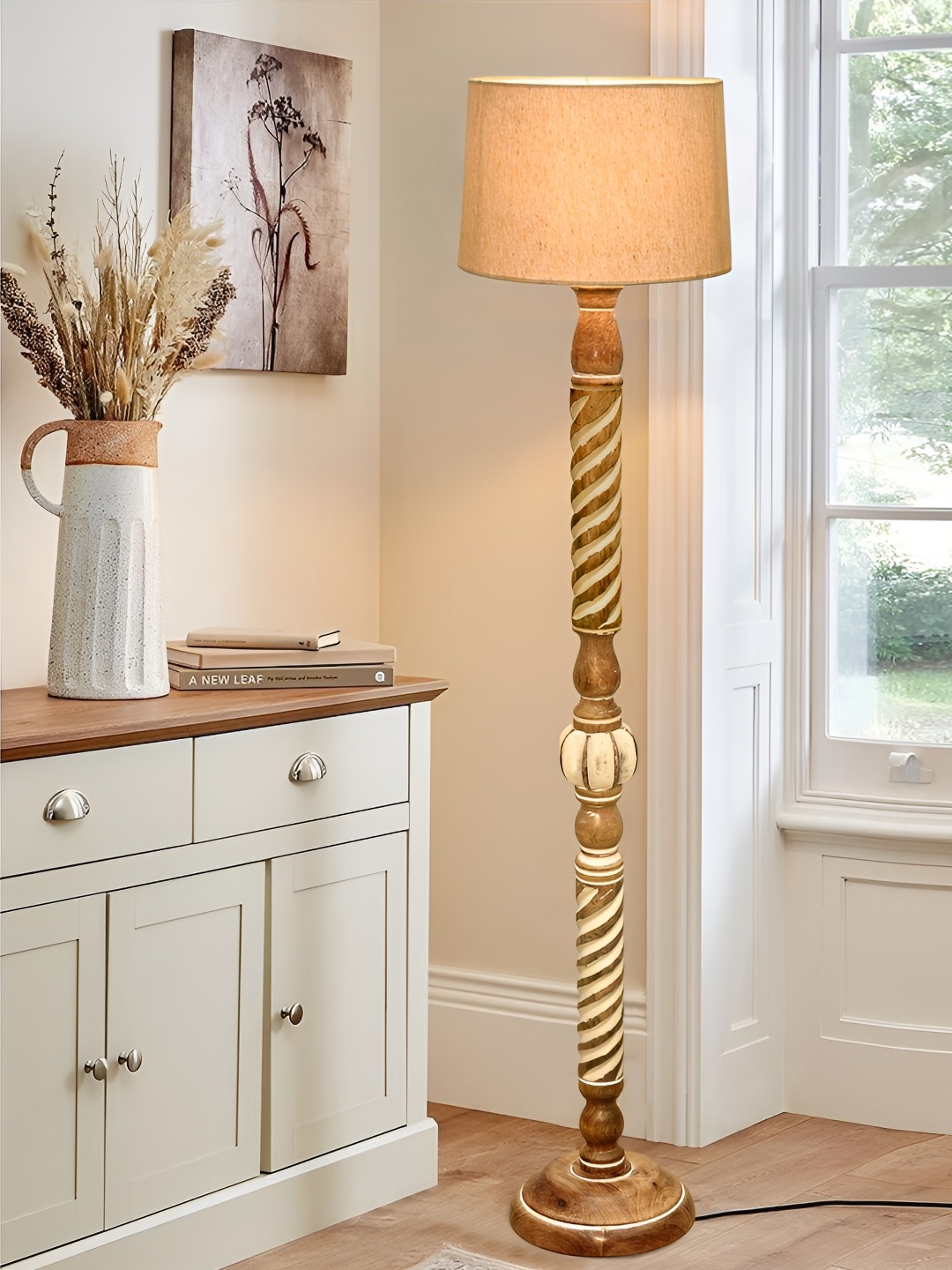 

Homesake Beige & Brown Cylinder Shaped Wooden Floor Lamp