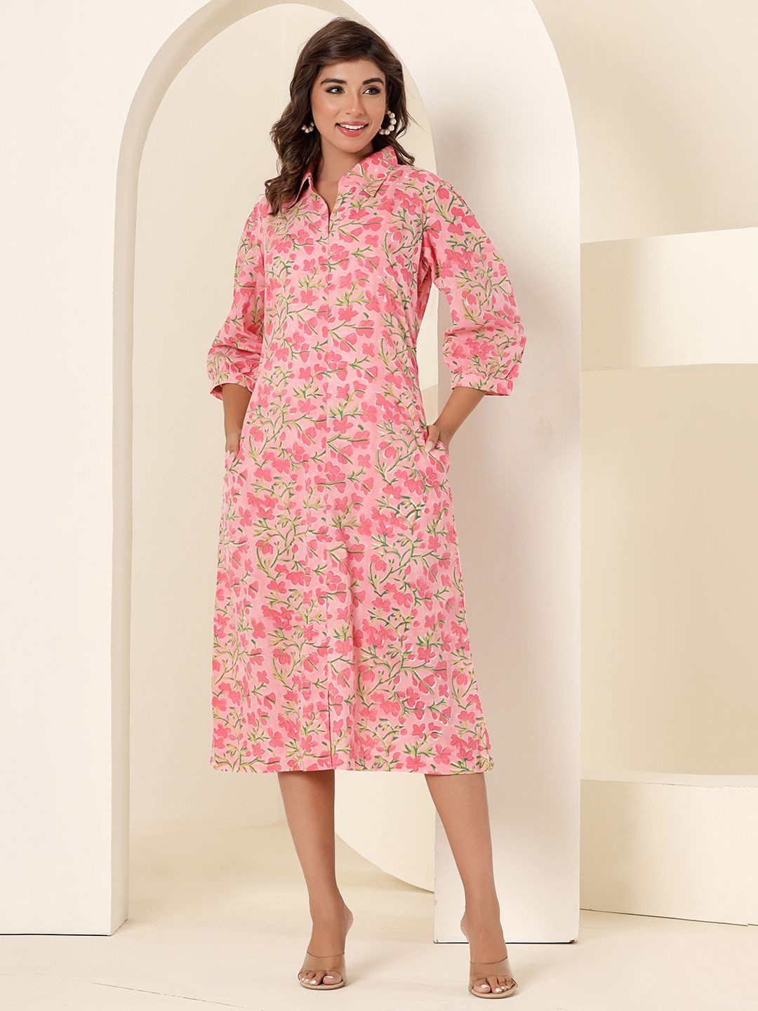 

Eco Clothing Floral Print Puff Sleeve Shirt Midi Dress, Pink