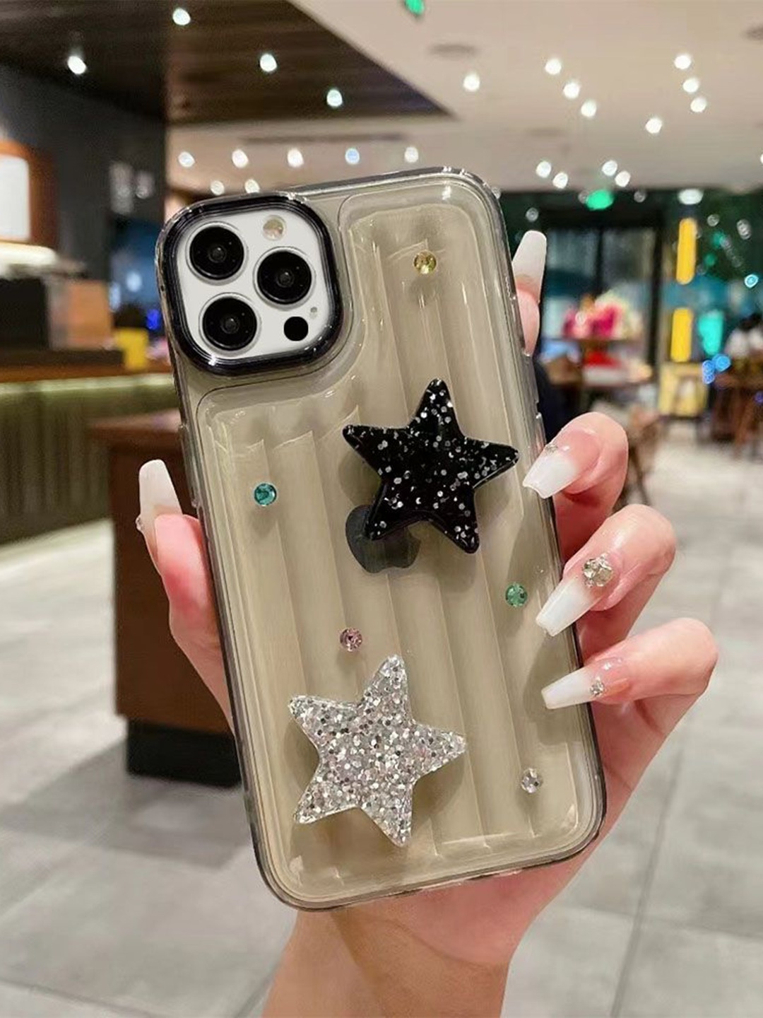 

Luxury Kase LK119 Solid iPhone 13 Pro Crystal Clear Bling Star Case Back Case, Black