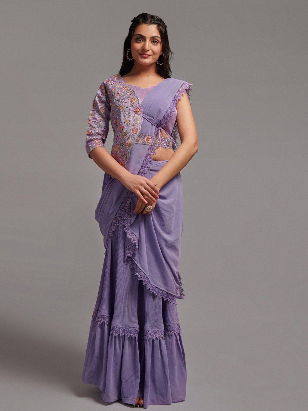 

Anouk Floral Chikankari Ready to Wear Saree, Lavender