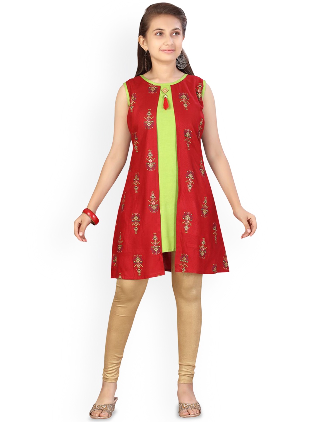 

Sangria Girls Red Ethnic Motifs Printed Round Neck Pure Cotton A-Line Kurta